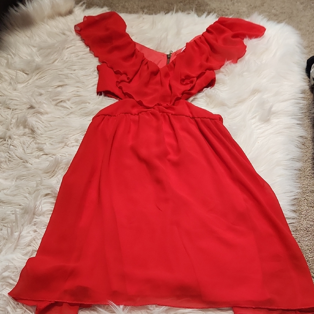 Red Ruffle Dress With Side Cutouts- Small - Picture 1 of 9